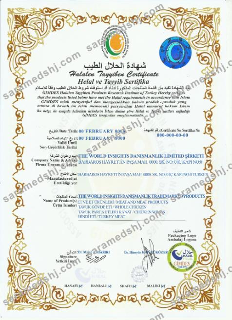 Turkey Halalen Tayyiben Certificate PSD sample